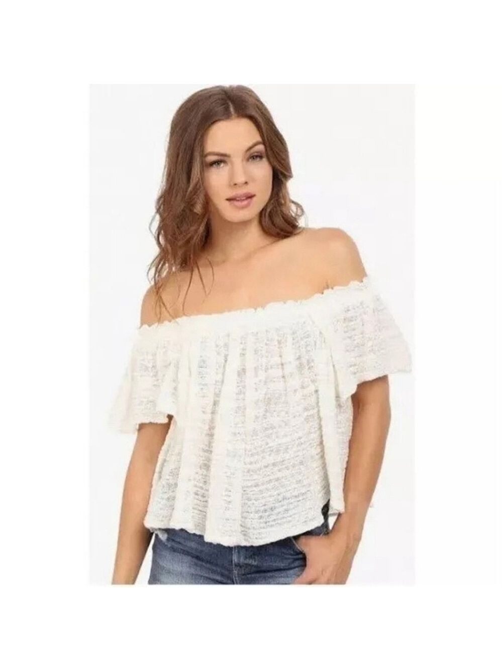 Free People Thrills & Frills Off the Shoulder Woven Crochet Cottagecore Sweater